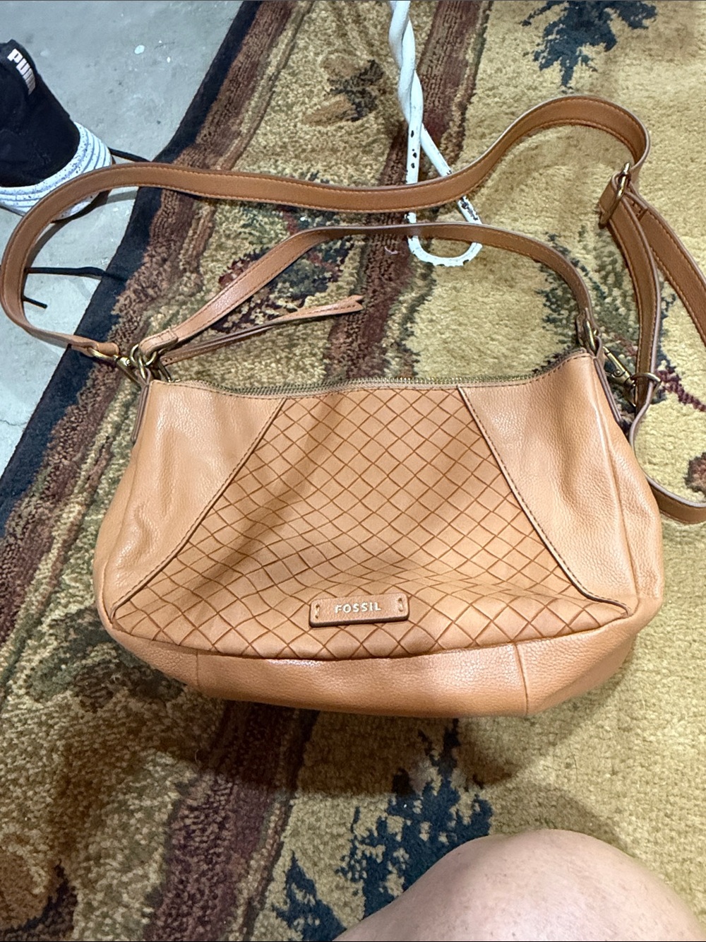 Fossil Caramel Tan Leather Crossbody with Woven Front